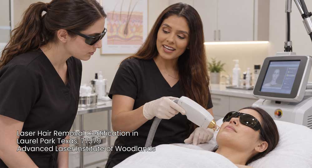 A certified aesthetic instructor demonstrating facial treatment for a laser hair removal certification training.