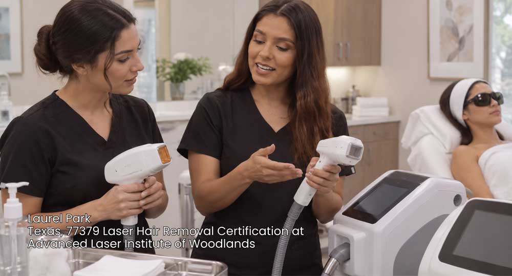 Students comparing professional laser and IPL handpieces during hands-on laser hair removal certification.
